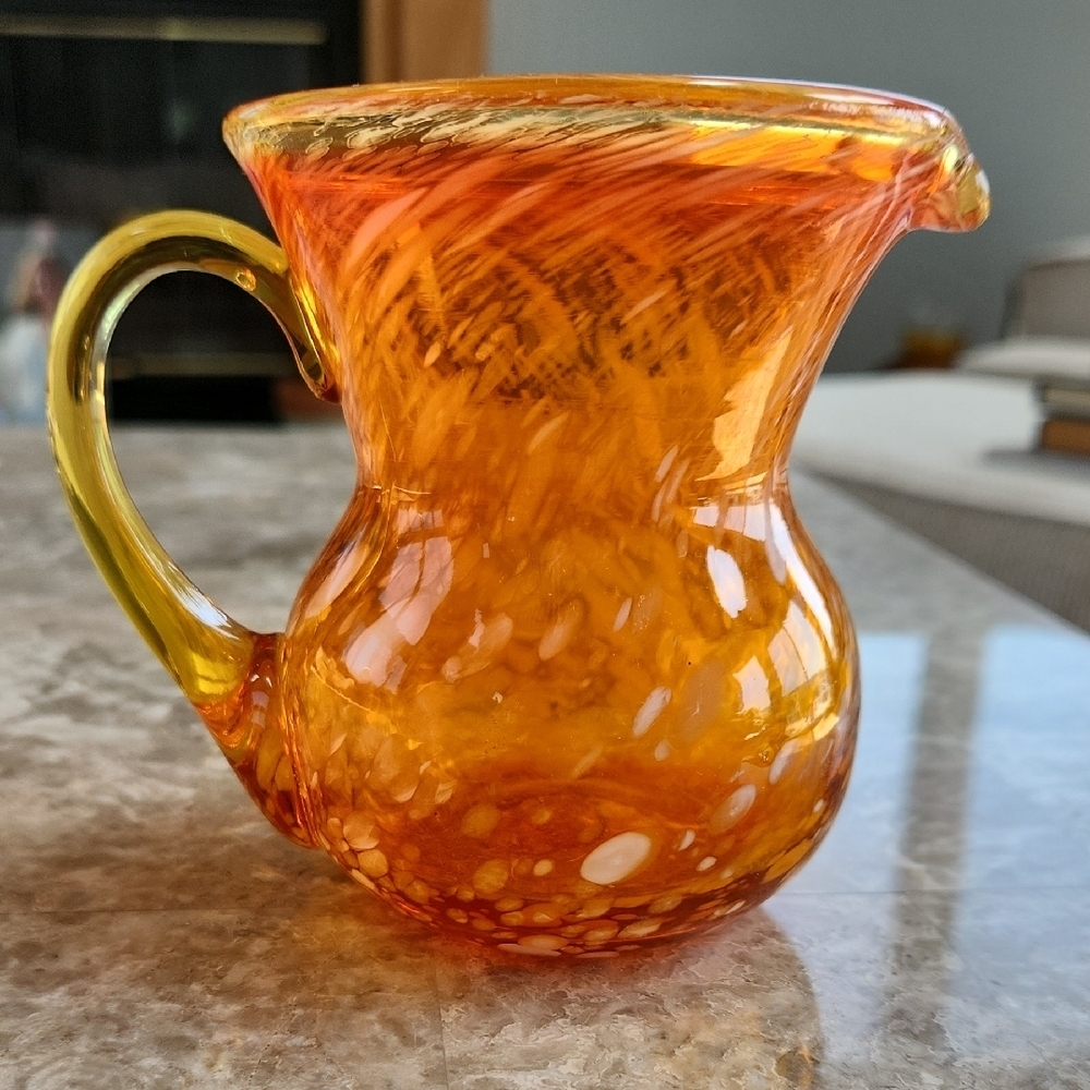 Vintage Orange Specaled Glass Pitcher, 4"